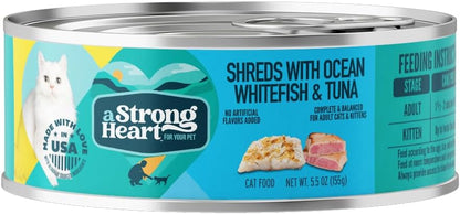 A Strong Heart Canned Wet Cat Food, Shreds with Ocean Whitefish & Tuna - 5.5 oz Cans (Pack of 24)