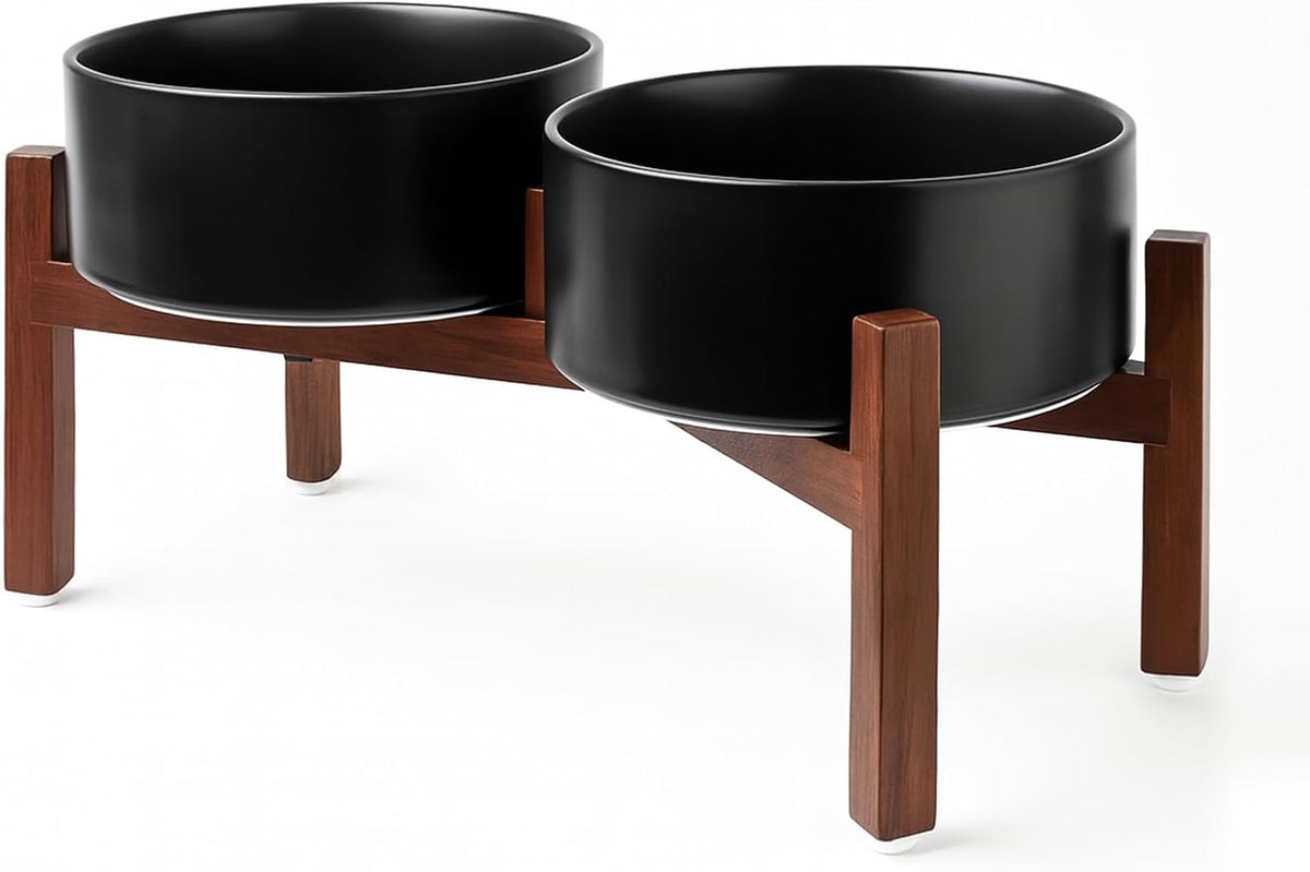 SPUNKYJUNKY Raised Ceramic Dog Bowls Set with Non-Slip Acacia Wood Stand for Medium Sized Dog(42.27