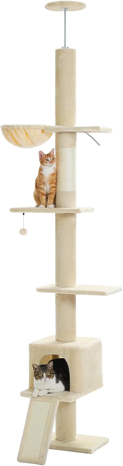 PEQULTI Floor to Ceiling Cat Tree, Tall Cat Tower, Adjustable Height (83''-108'') 5 Levels Climbing