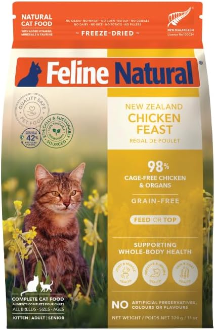 Feline Natural High Protein Dry Cat Food, Freeze-Dried Diet with 98% Meat, Organs & Seafood, No