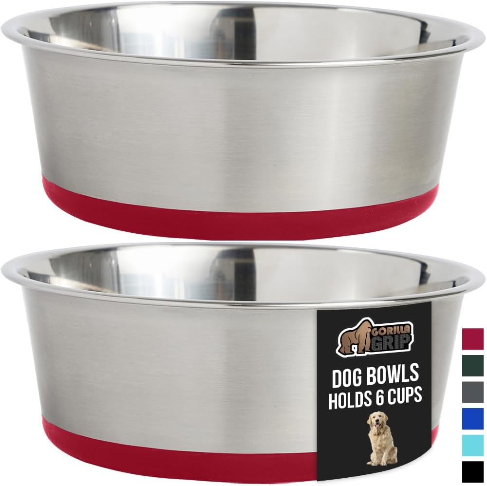 GORILLA GRIP Set of 2 Dog Bowls, Holds 6 Cups (48 fl oz), Heavy Duty Metal Food and Water Bowl for