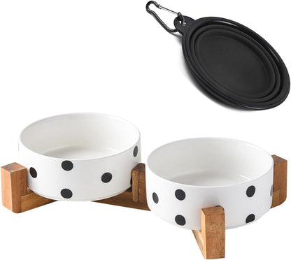 Petygooing Dog Bowls Ceramic, Cat Dog Bowl Set with Wood Stand for Food and Water,Non-Slip Cute