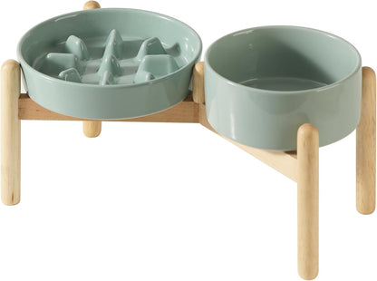 Ceramic Raised Slow Feeder Dog Bowl Set, Elevated 6.1inch Bowl and 7.3inch Slow Pet Food Dish with