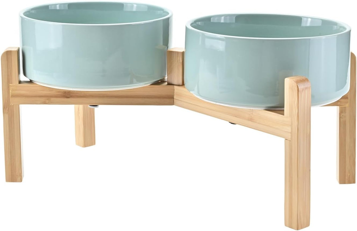 SPUNKYJUNKY Elevated Dog Bowls Ceramic, 7.3'' Dogs Food Water Bowls Raised with Non-Slip Bamboo