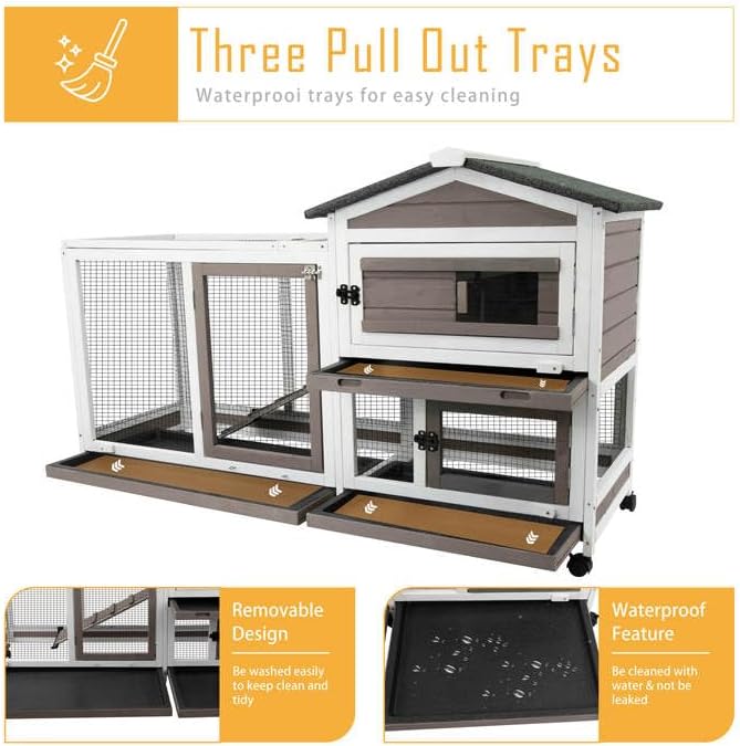57" L Rabbit Hutch Indoor Outdoor 2 Story Large Bunny Hutch with Run Guinea Pig Cage Wooden Rabbit