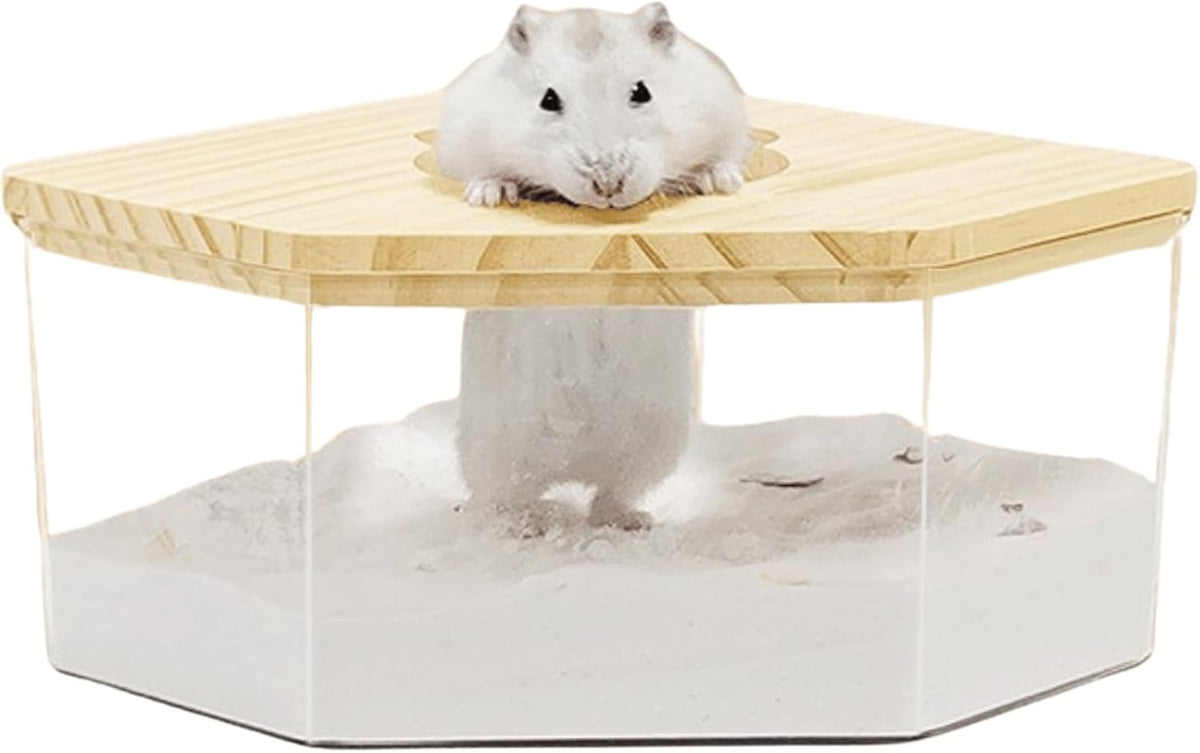 Hamster Sand Bath Box Container, Small Pet Sandbox Lid Design Wooden Sandbox Dust Bath, Transparent