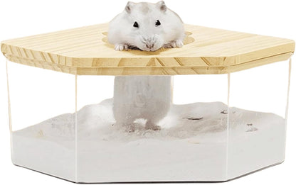 Hamster Sand Bath Box Container, Small Pet Sandbox Lid Design Wooden Sandbox Dust Bath, Transparent