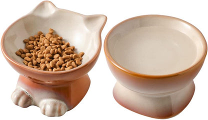 Nihow Elevated Cat/Dog Bowls Set : 5 Inch Ceramic Raised Cat Food & Water Bowl Set for Protecting