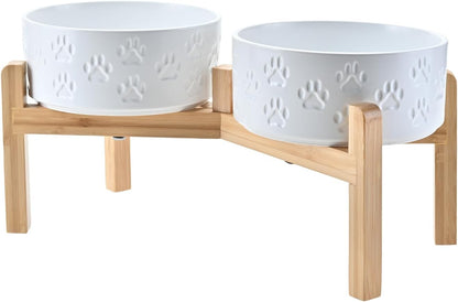 SPUNKYJUNKY Elevated Dog Bowls Ceramic, 7.3'' Dogs Food Water Bowls Raised with Non-Slip Bamboo