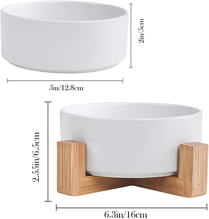 Ceramic Dog Cat Bowl with Wood Stand,Cat Food & Water Bowls Elevated Non-Spill Modern Cute Kitty