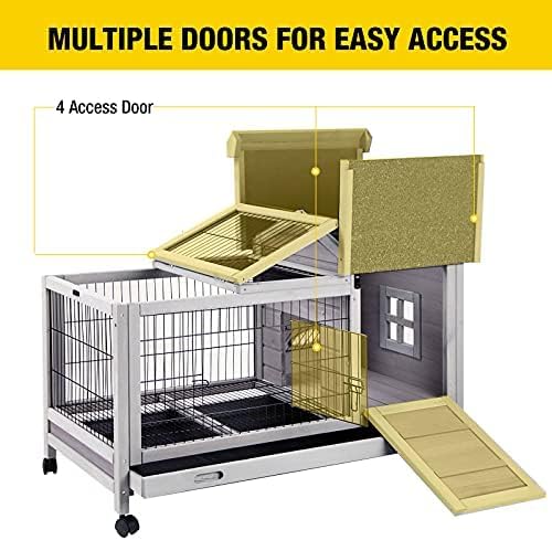 Aivituvin Wooden Rabbit Hutch with Removable Wire Floor Grid, Bunny Cage with Deeper Leakproof Tray