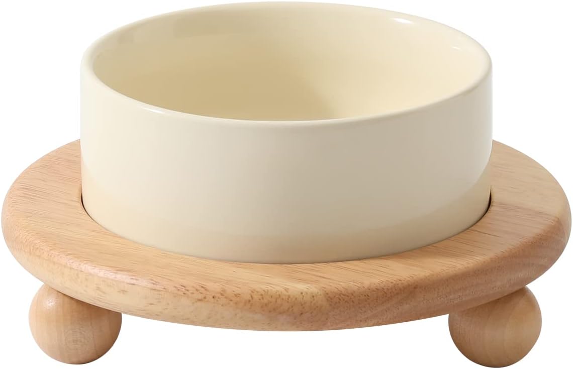 Ceramic Elevated Cat Food and Water Bowl, Kitty Bowl, Raised Cat Dish, Pet Feeder (5.1 in,1 x Beige