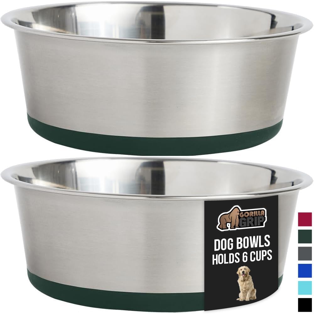 GORILLA GRIP Set of 2 Dog Bowls, Holds 6 Cups (48 fl oz), Heavy Duty Metal Food and Water Bowl for