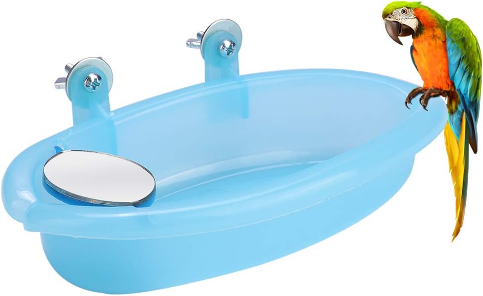 Tnfeeon Pet Bird Bathing Box, Cute Blue Pet Parrot Bathtub Box with Mirror Bird Cage Toy Accessory