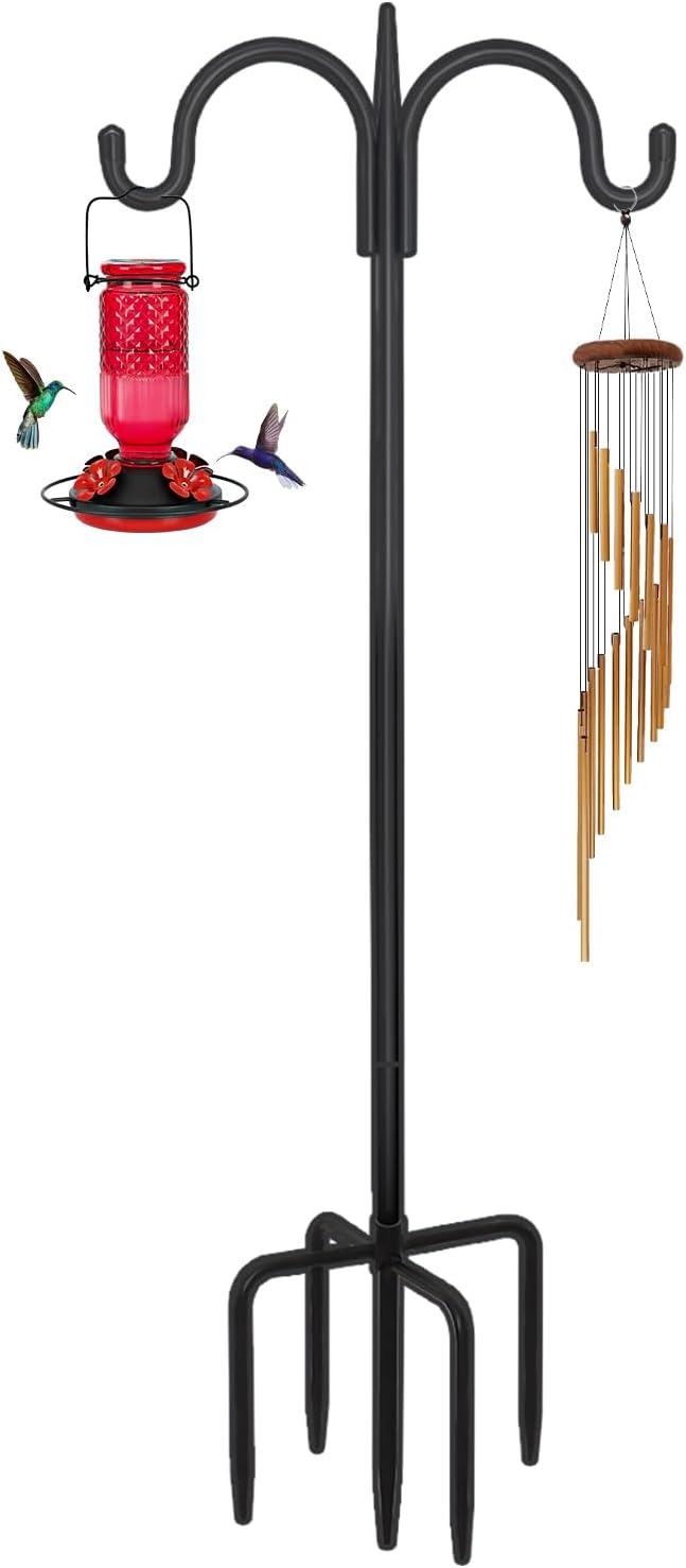 FEED GARDEN Adjustable Double Shepherds Hook for Outdoor with 5 Prong Base 76 Inch Heavy Duty Two