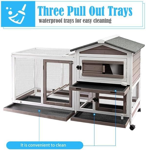 Rabbit Hutch Indoor Outdoor Two Story Bunny Hutch with Wheels Guinea Pig Cage with Removable No
