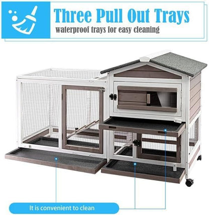 Rabbit Hutch Indoor Outdoor Two Story Bunny Hutch with Wheels Guinea Pig Cage with Removable No