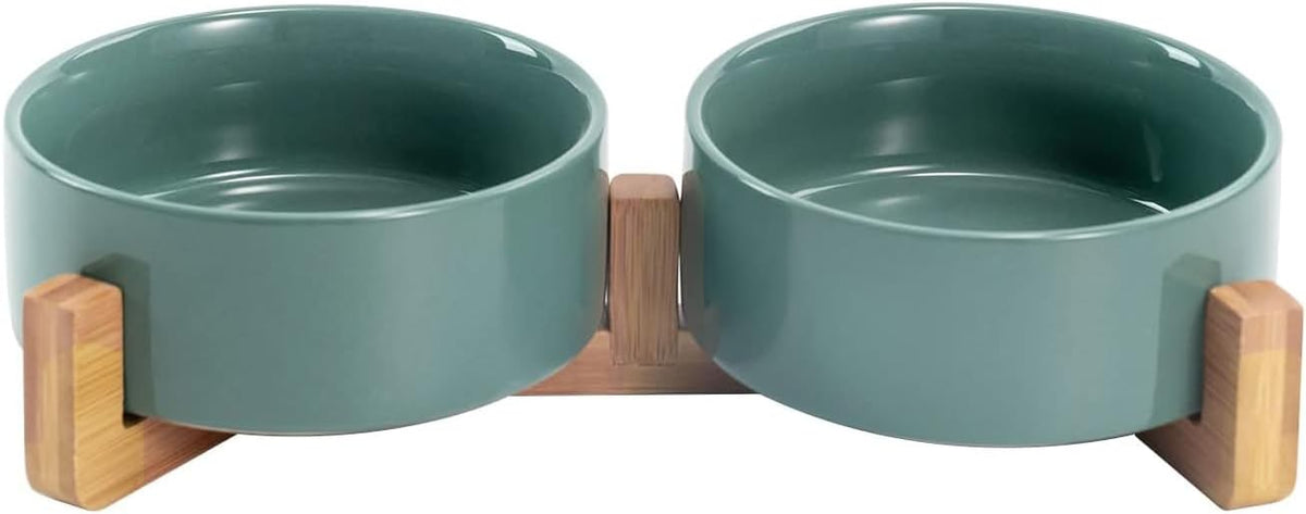 SPUNKYJUNKY Ceramic Dog and Cat Bowl Set with Wooden Stand, Modern Cute Weighted Food Water Set for