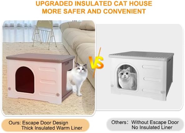 Rockever Plastic Outdoor Indoor Cat House with Insulated Liner, 100% Insulated Feral Cat House for