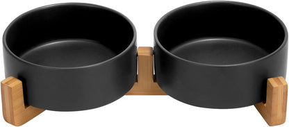 SPUNKYJUNKY Ceramic Dog and Cat Bowl Set with Wooden Stand, Modern Cute Weighted Food Water Set for