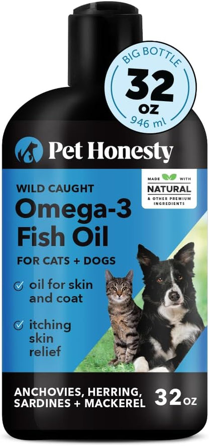 Omega 3 Fish Oil Supplement for Dogs & Cats (32oz), Wild Caught Omega 3 Fish Oil for Skin and Coat