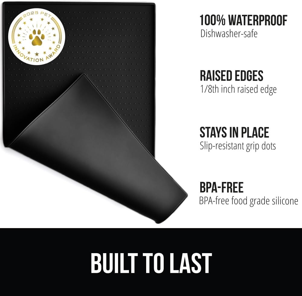 GORILLA GRIP 100% Waterproof Raised Edge BPA Free Silicone Pet Feeding Mat, Dog Cat Food Mats