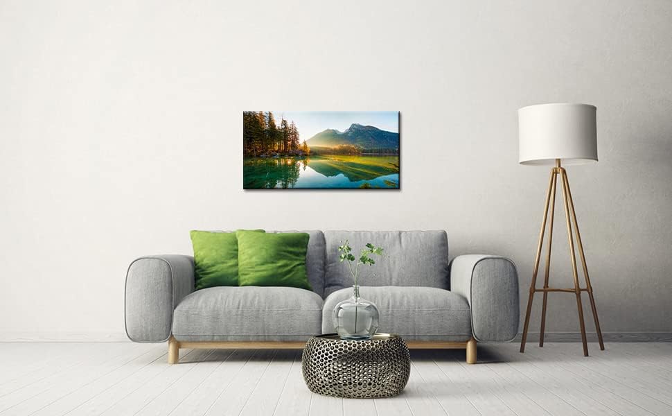 Beautiful Lake Mountain Range Sunrise Sunset Landscape Canvas Wall Art for Living Room, Autumn