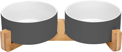 SPUNKYJUNKY Ceramic Dog and Cat Bowl Set with Wooden Stand, Modern Cute Weighted Food Water Set for
