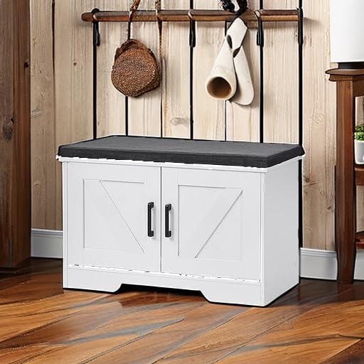 2-Tier Storage Bench, Shoe Bench with Padded Seat Cushion, Entryway Bench with 2 Barn Doors