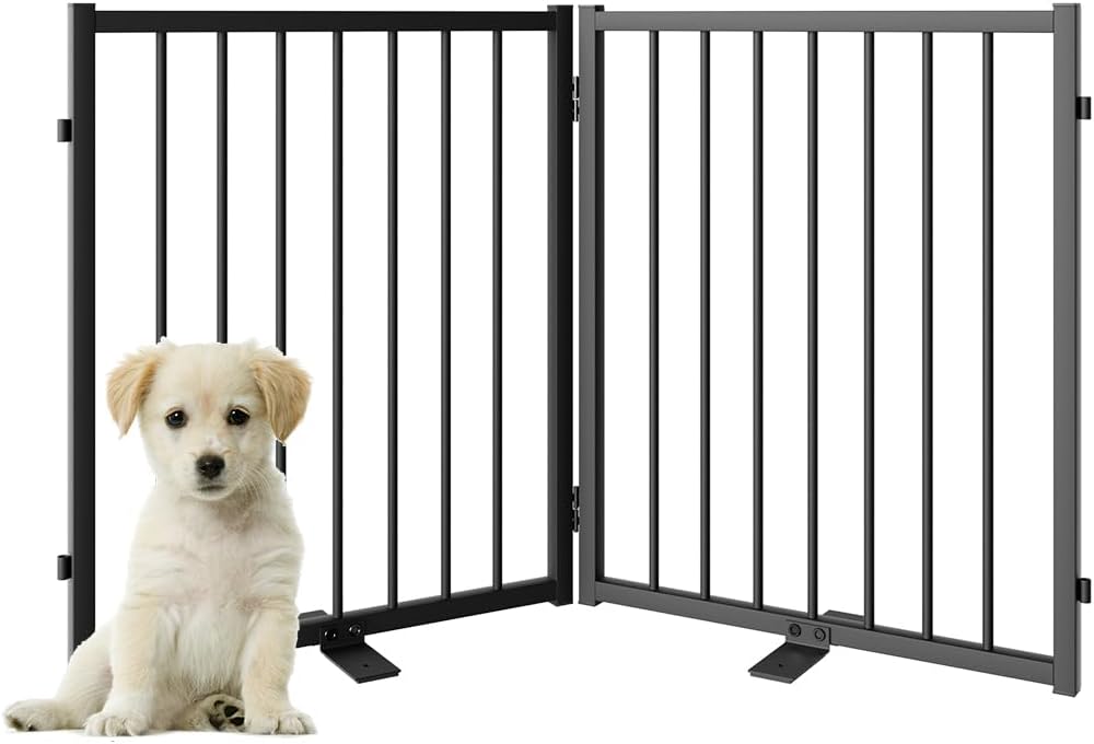 Full Metal Freestanding Dog Gate with Door, 24'' Height Foldable Pet Dog Fence for Indoor &