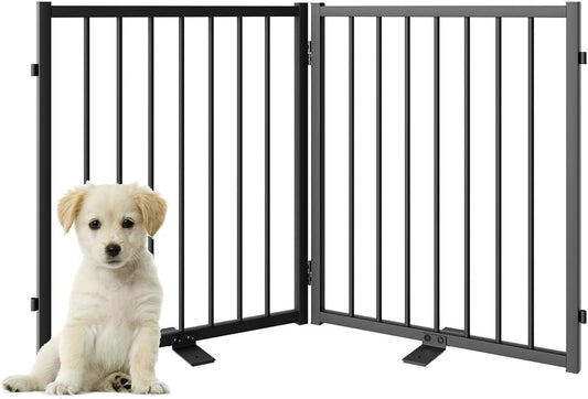 Full Metal Freestanding Dog Gate with Door, 24'' Height Foldable Pet Dog Fence for Indoor &