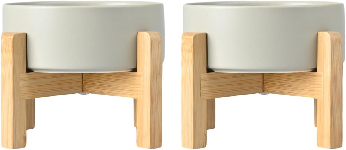 SPUNKYJUNKY Ceramic Elevated Dog Bowls 2 Pack - 6.1inch Raised Dog Bowls with Non-Slip Wooden Stand