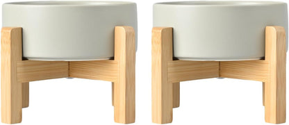 SPUNKYJUNKY Ceramic Elevated Dog Bowls 2 Pack - 6.1inch Raised Dog Bowls with Non-Slip Wooden Stand