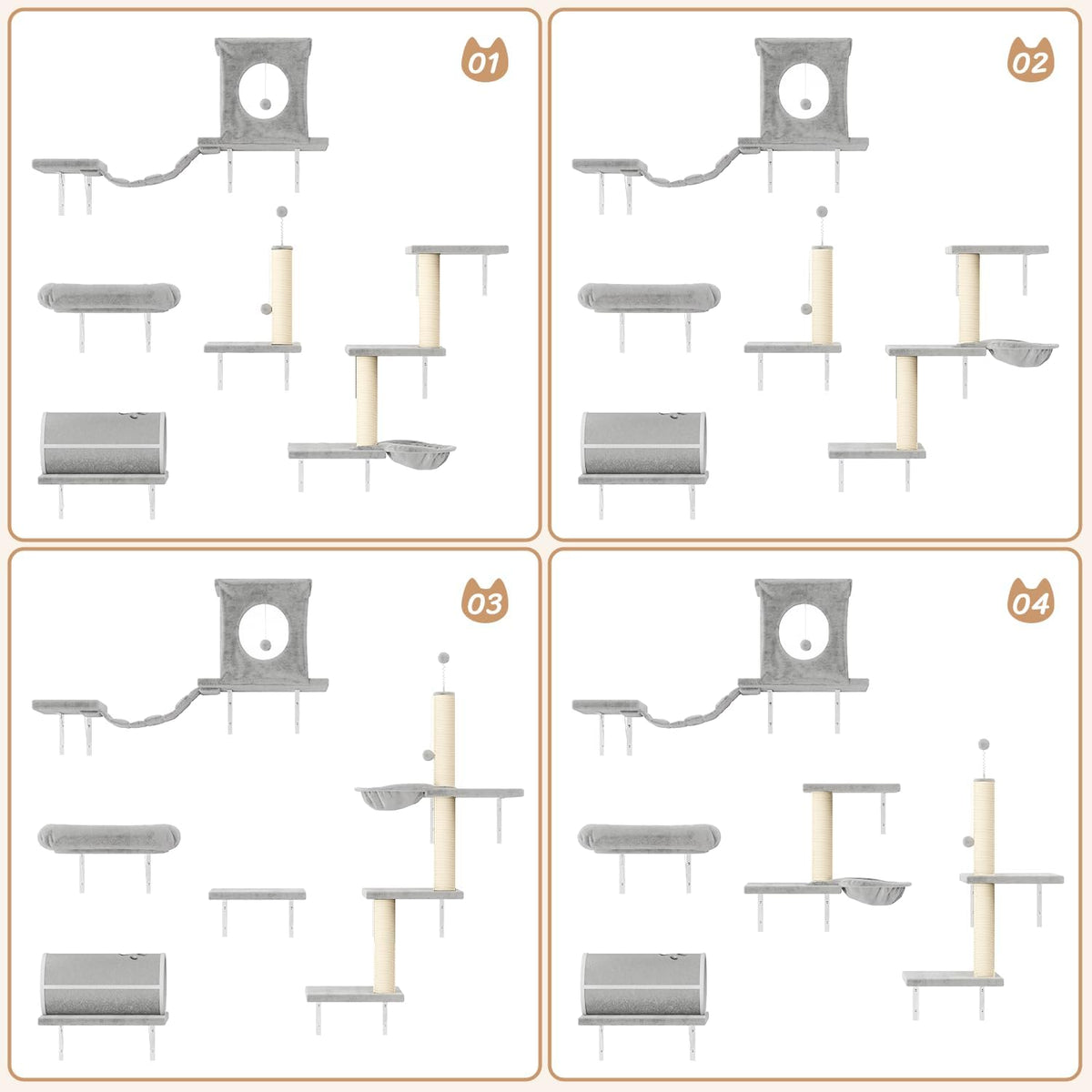 NUNU LAB Cat Wall Shelves Set, 7 Pcs Wall-Mounted Cat Climber with Cat House, Tunnel, Bridge