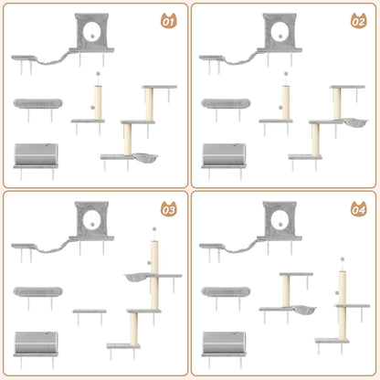 NUNU LAB Cat Wall Shelves Set, 7 Pcs Wall-Mounted Cat Climber with Cat House, Tunnel, Bridge