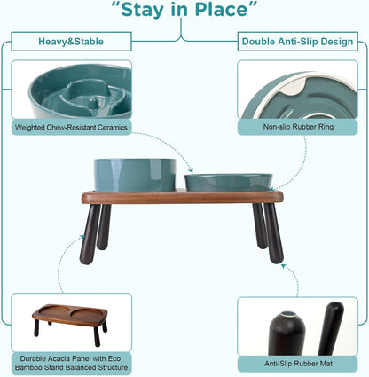 SPUNKYJUNKY Ceramic Elevated Dog Bowls with Slow Feeder Raised with Acacia Bamboo Wooden Stand