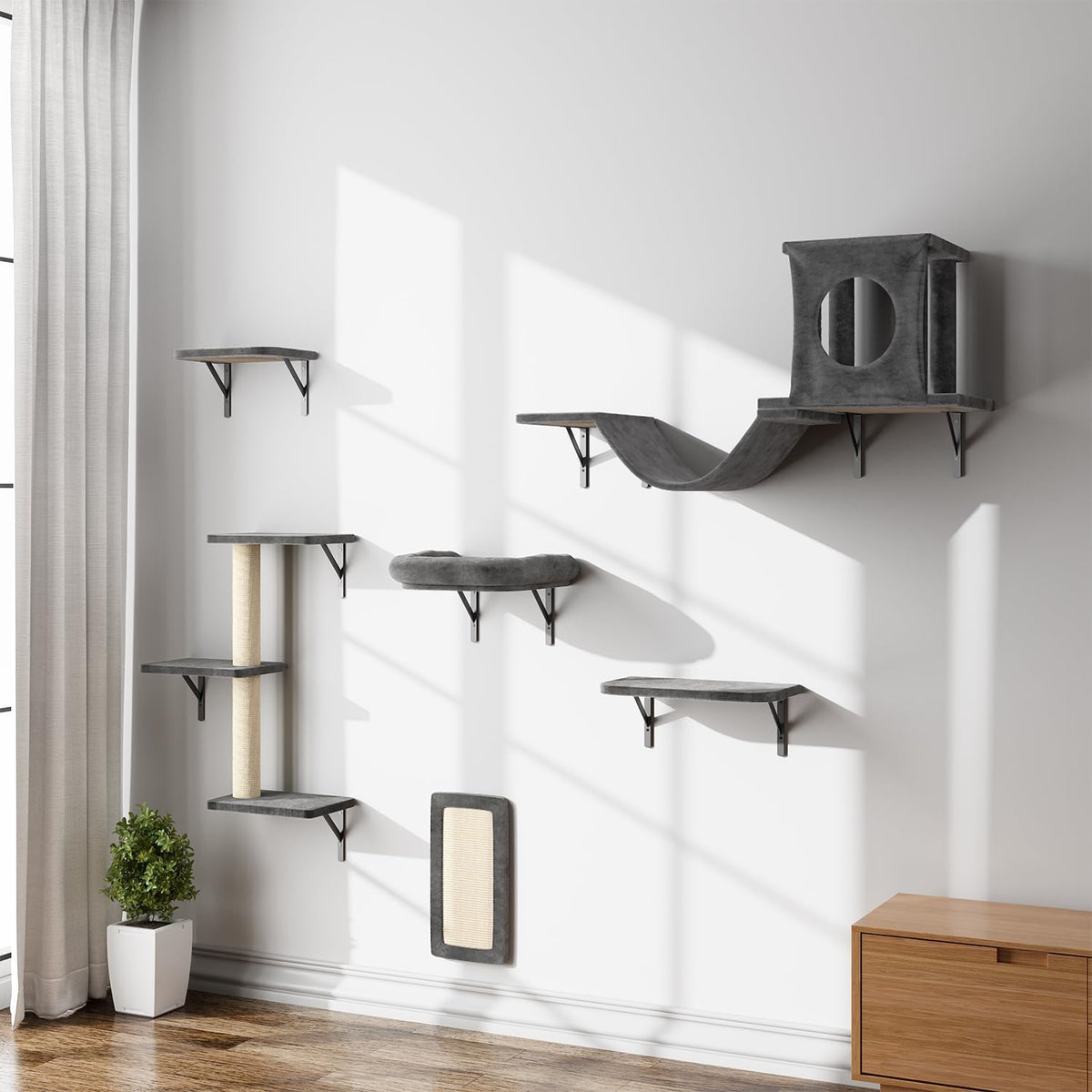 NUNU LAB Cat Wall Shelves, 6 Pcs Luxury Wall-Mounted Cat Climber Set, Indoor Cat Furniture with 1