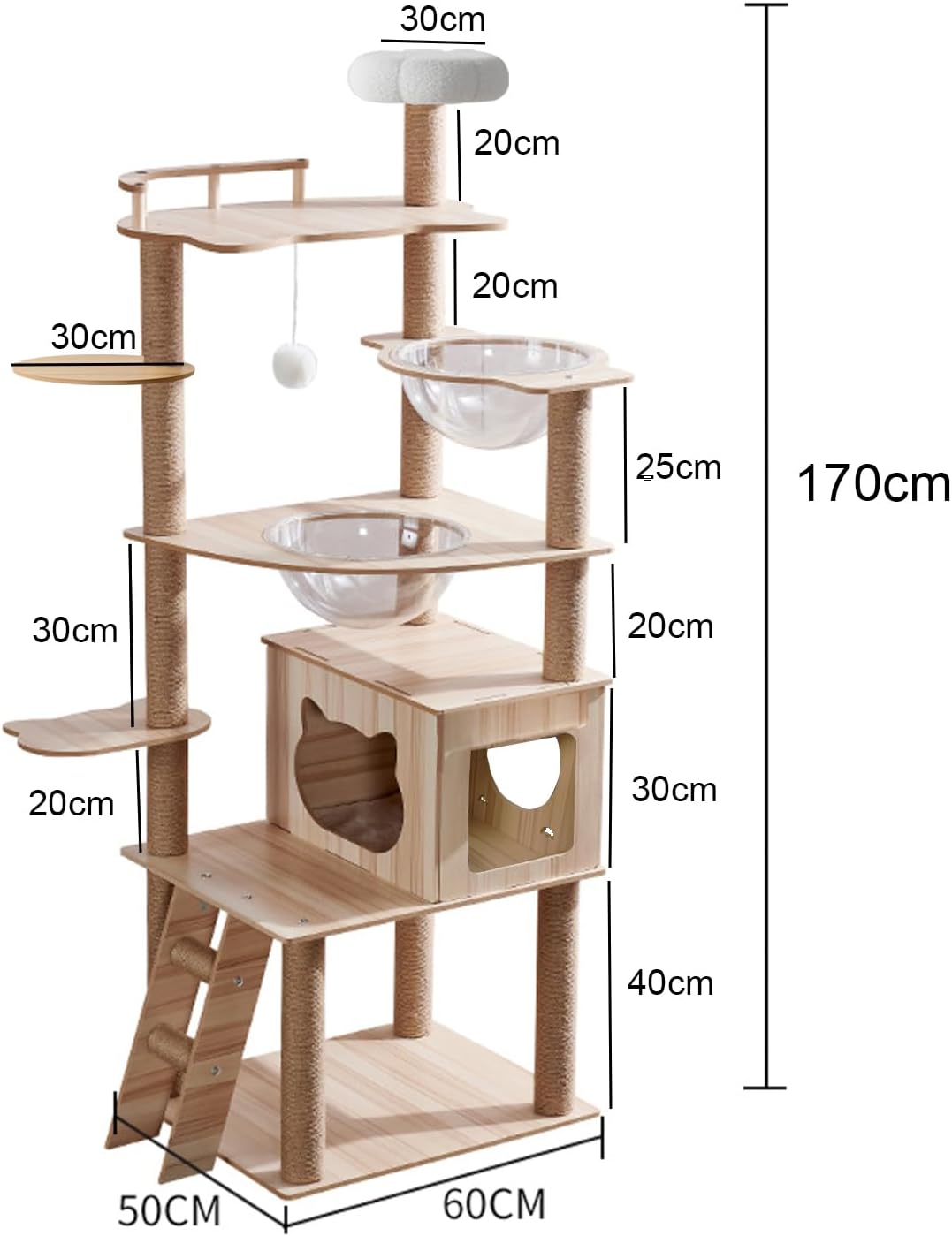 67-Inch Cat Tree for Indoor Cats Large Adult,Cat Tree Tower with Condo, Cat Stairs, 2 Bowl,14 Sisal