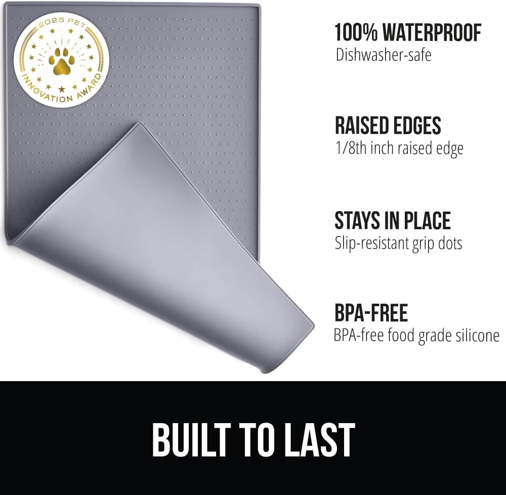 GORILLA GRIP 100% Waterproof Raised Edge BPA Free Silicone Pet Feeding Mat, Dog Cat Food Mats
