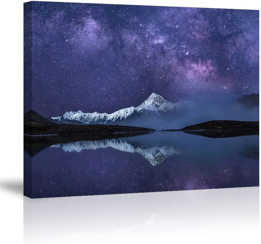 Peaceful Star Lake Landscape Wall Art For Bedroom,Starry Night Sky Over Snowy Mountain,Purple Milky
