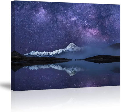 Peaceful Star Lake Landscape Wall Art For Bedroom,Starry Night Sky Over Snowy Mountain,Purple Milky