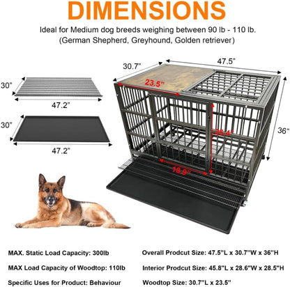 54/48/42/38 Inch Heavy Duty Dog Crate Cage with Wheels, Indestructible and Escape Proof Steel