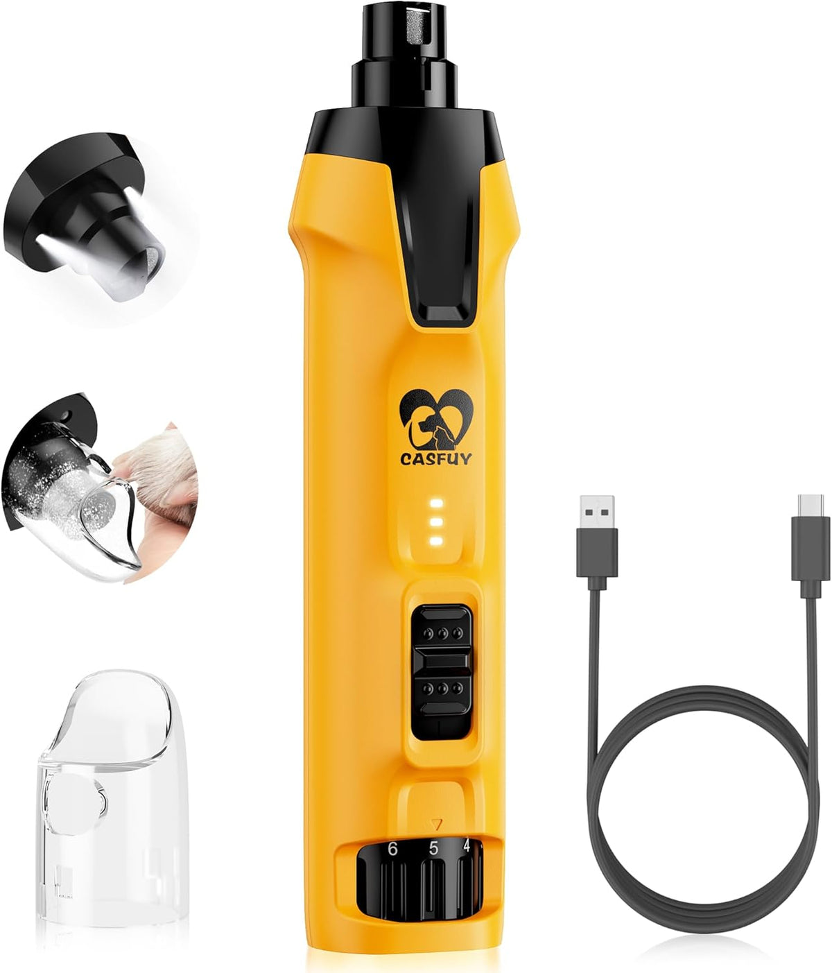 Casfuy 6-Speed Dog Nail Grinder – 50%+ Boost Power Dog Nail Trimmers Quiet with Dust Cap & 2 LED