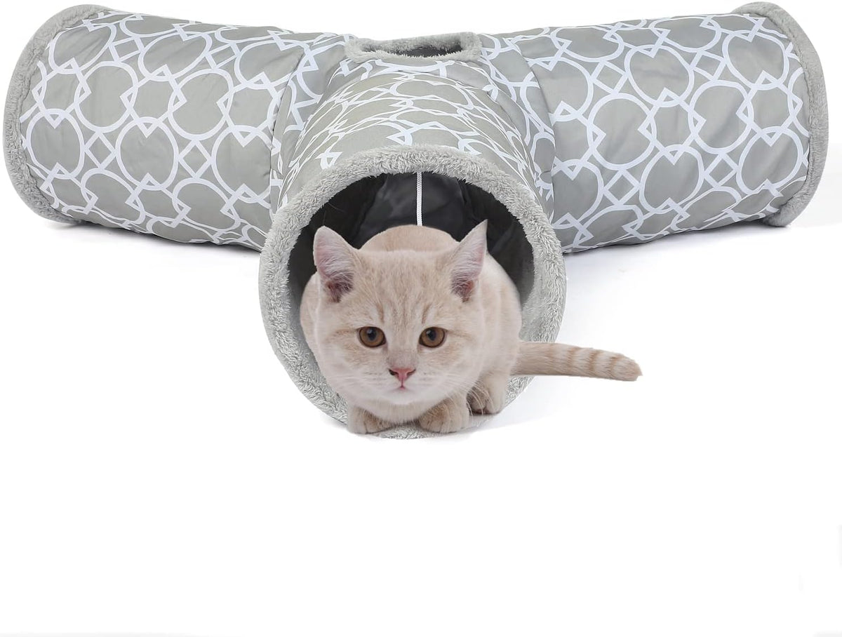 LUCKITTY Geometric 3 Way Cat Tunnel with Plush Inside,Cats Toys Collapsible Tunnel Tube with Balls