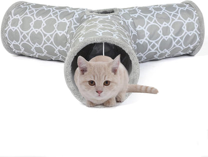 LUCKITTY Geometric 3 Way Cat Tunnel with Plush Inside,Cats Toys Collapsible Tunnel Tube with Balls