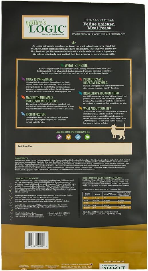 Nature's Logic Feline Chicken Meal Feast Cat Food - High-Protein Dry Food for Cats, 100% Natural