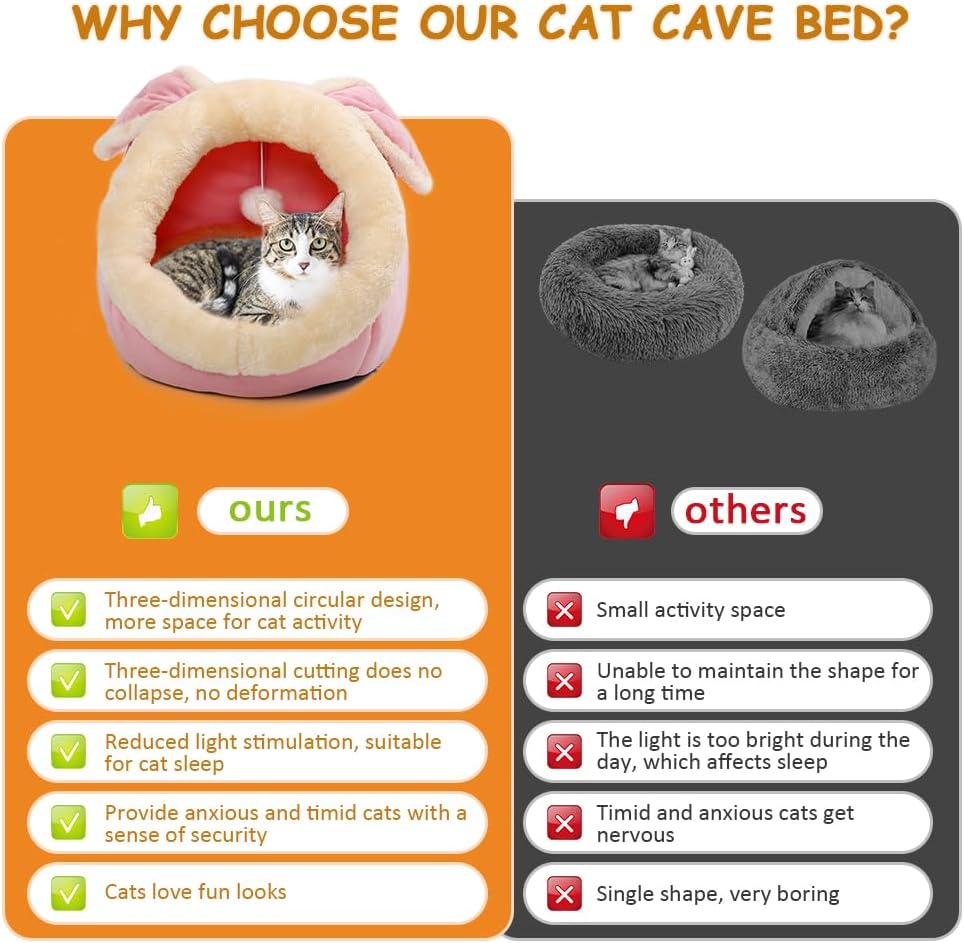 Lcybem Cat Beds for Indoor Cats - Rabbit-Shaped Cat Cave Bed with Hanging Toy,Super Soft Calming