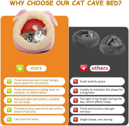 Lcybem Cat Beds for Indoor Cats - Rabbit-Shaped Cat Cave Bed with Hanging Toy,Super Soft Calming