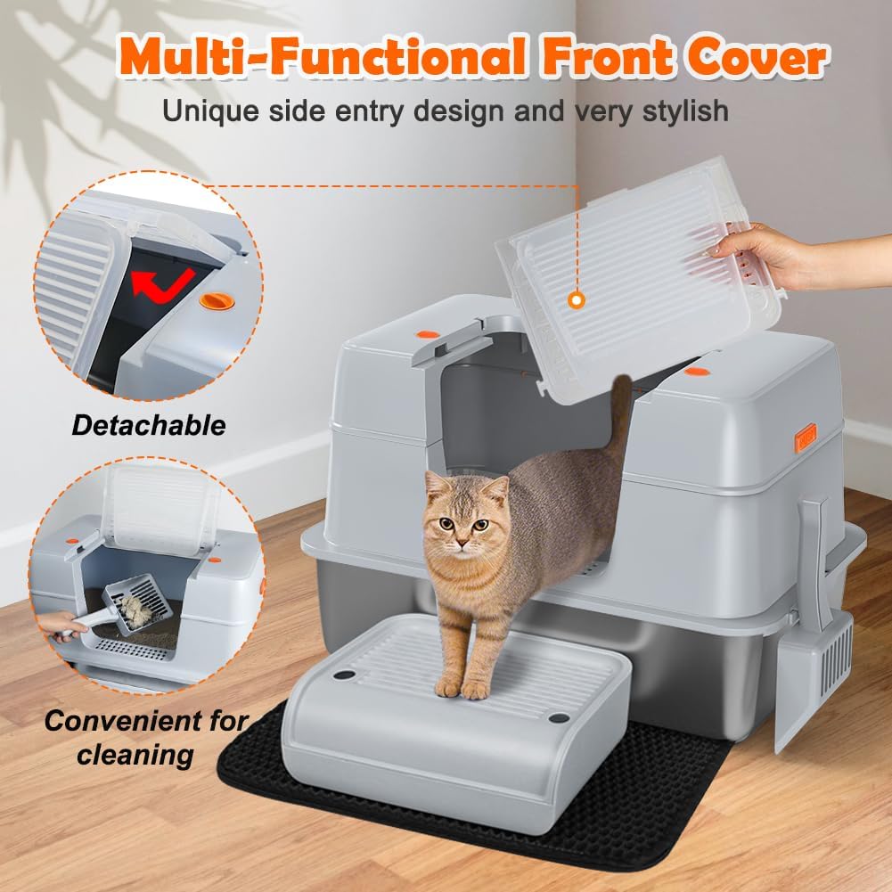 Vivifying Stainless Steel Litter Box with Lid, XL Side Entry Extra Large Litter Box for Big Cats &
