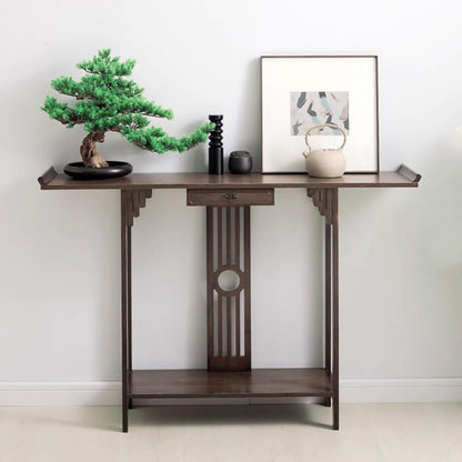 Console Table with Storage Shelves, 2 Tiers L 40.1” Narrow Sofa Table with Drawers, Bamboo Entryway
